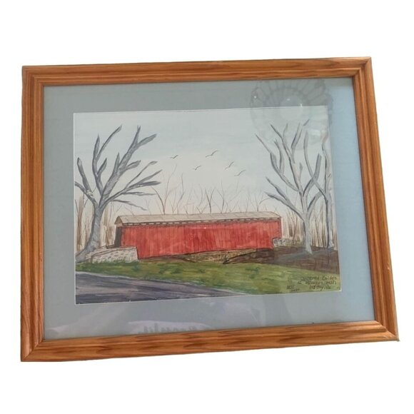 Watercolor Covered Bridge Framed Picture by Anna Ruth Enders 12”x15” - Picture 1 of 5
